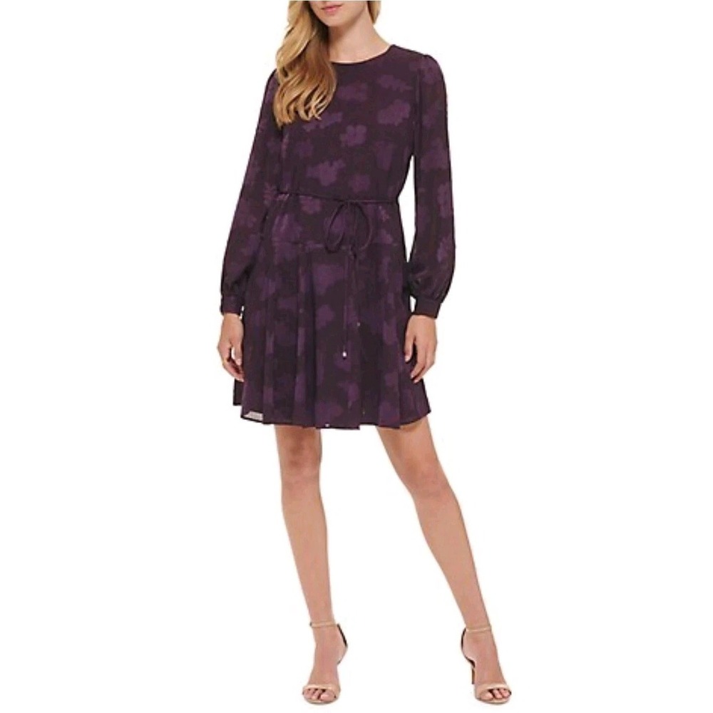 Tommy Hilfiger Women's Floral Purple Long-sleeve Fit-&-Flare Dress 6